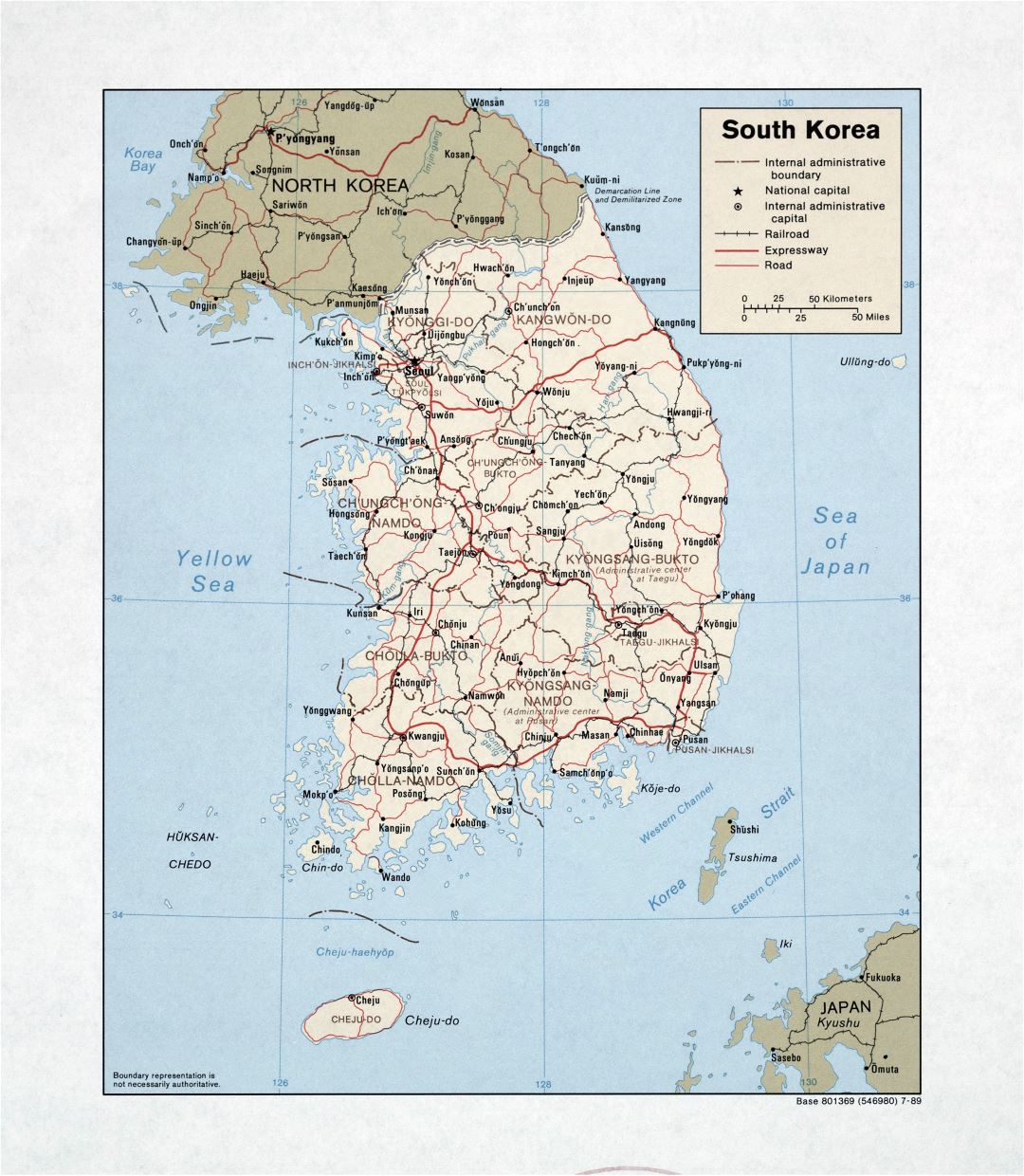 Large detailed political and administrative map of South Korea with roads, railroads and major cities - 1989