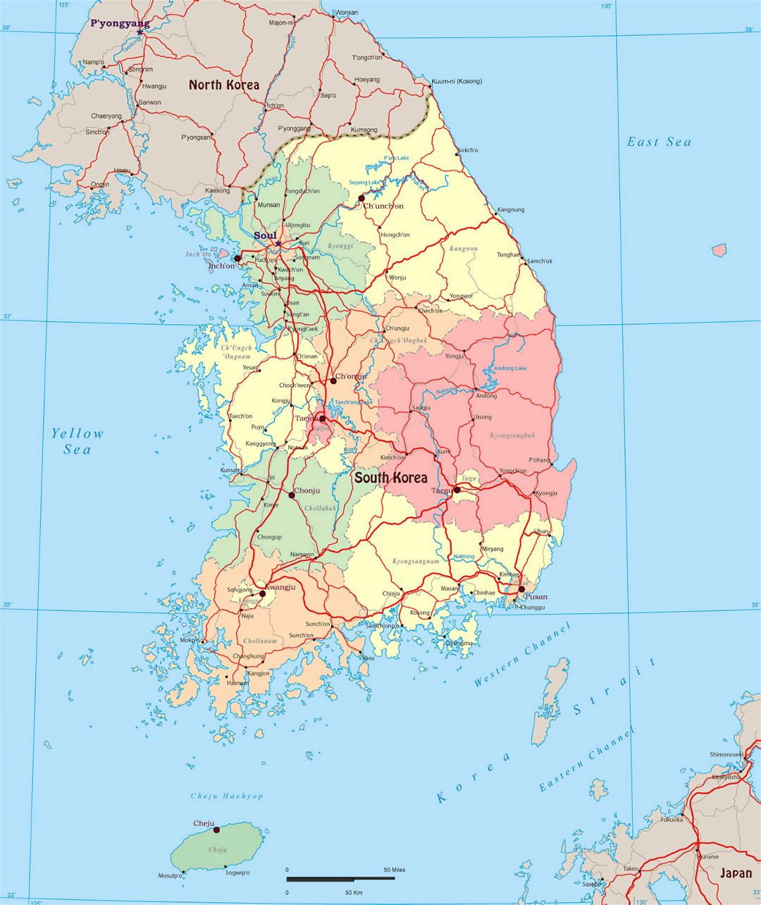 Large political and administrative map of South Korea with roads and major cities