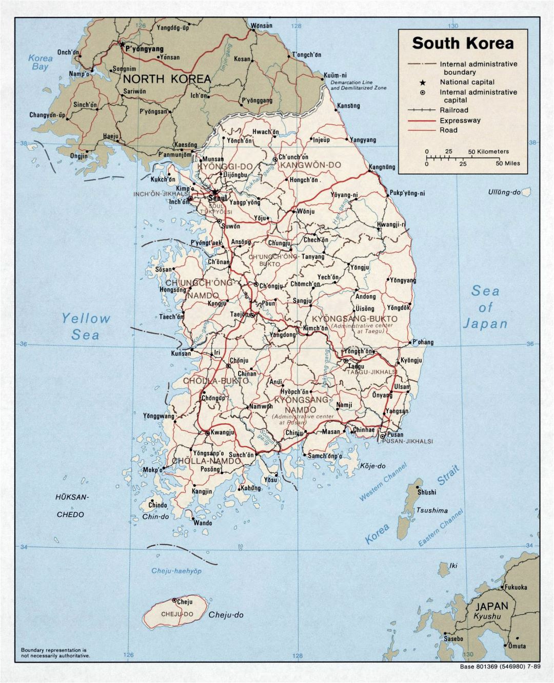 Large political and administrative map of South Korea with roads, railroads and major cities - 1989