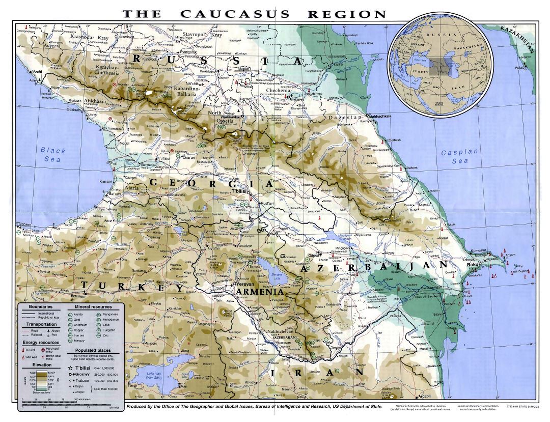 Large detailed political and physical map of Caucasus Region with other marks