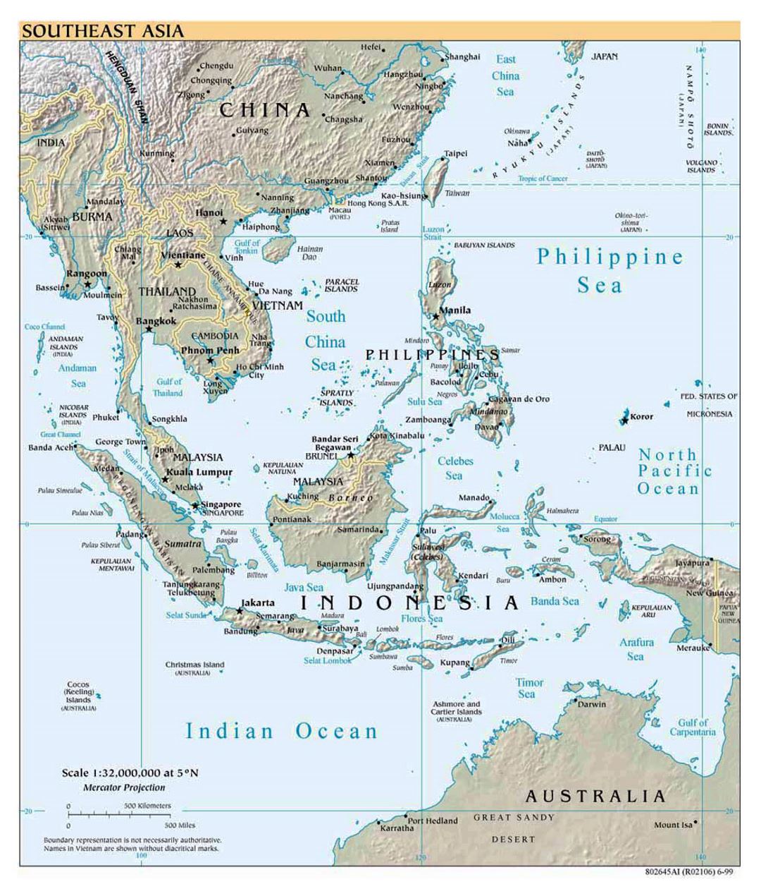 Detailed political map of Southeast Asia with relief - 1999