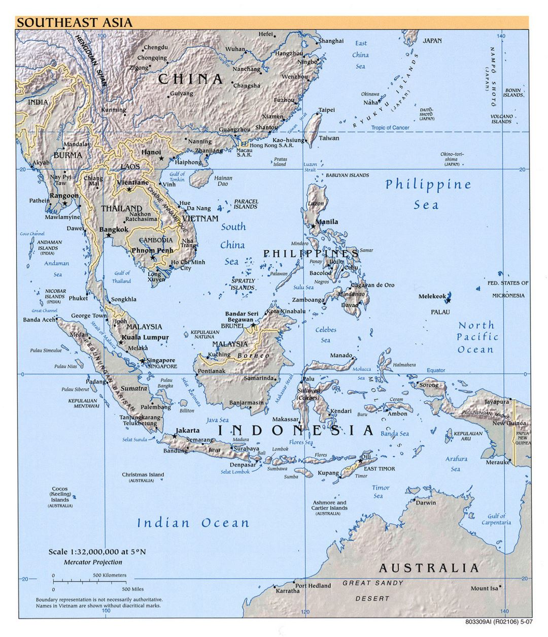 Detailed political map of Southeast Asia with relief - 2007