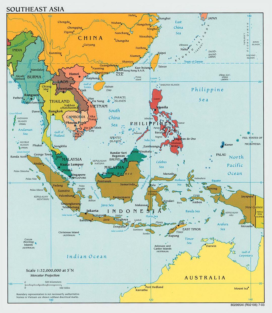 Large political map of Southeast Asia with capitals - 2003