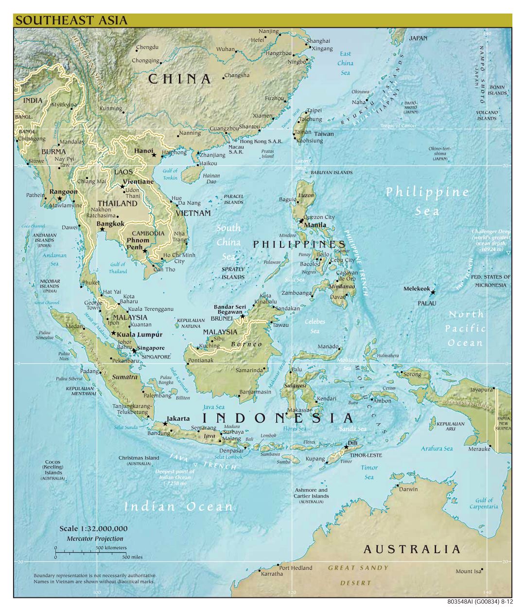 Large scale political map of Southeast Asia with relief - 2012