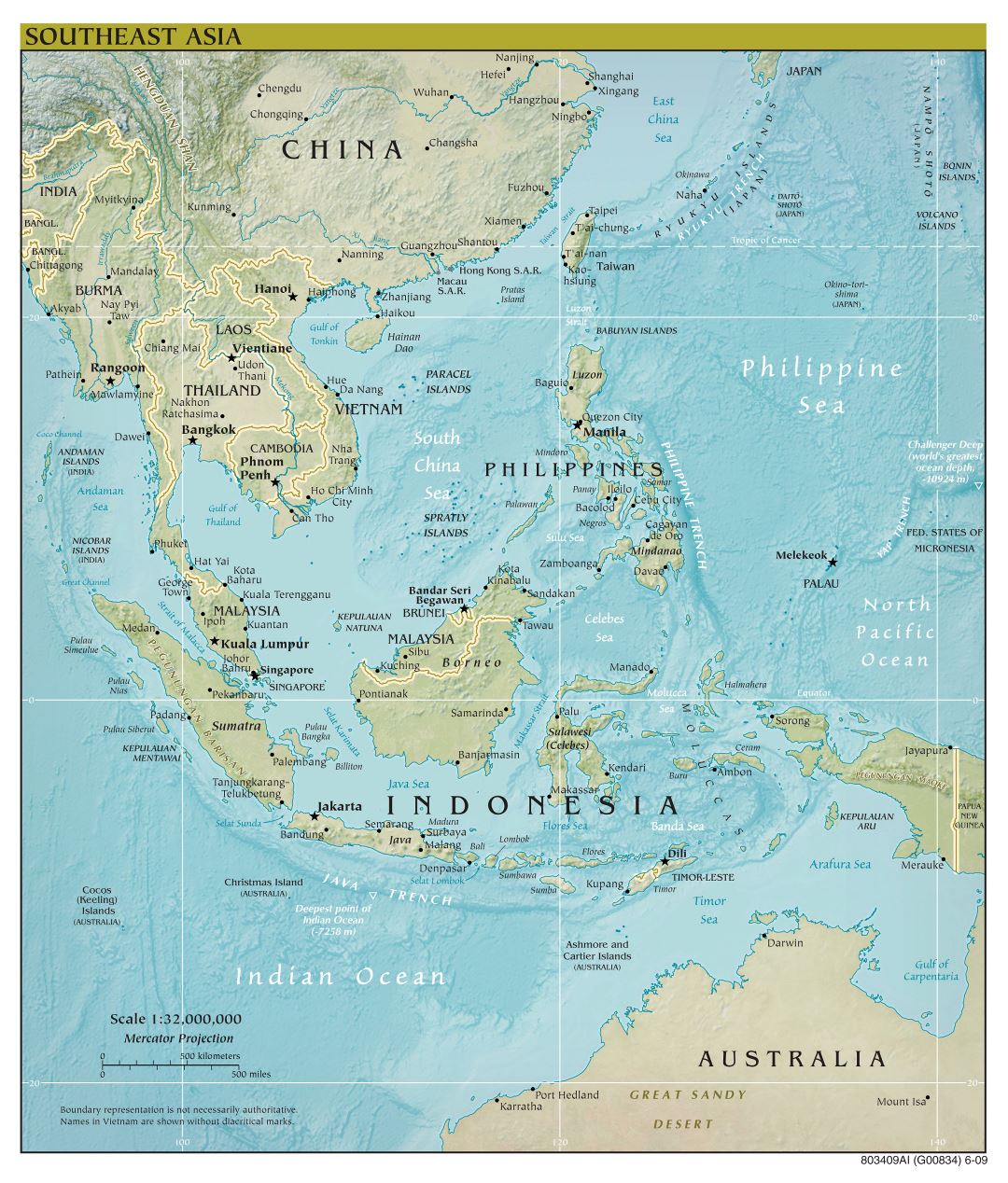 Large scale political map of Southeast Asia with relief and capitals - 2009