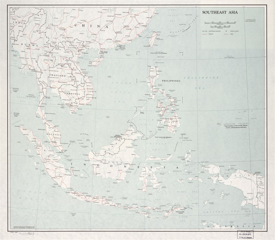 Large scale political map of Southeast Asia with roads, railroads and major cities - 1963