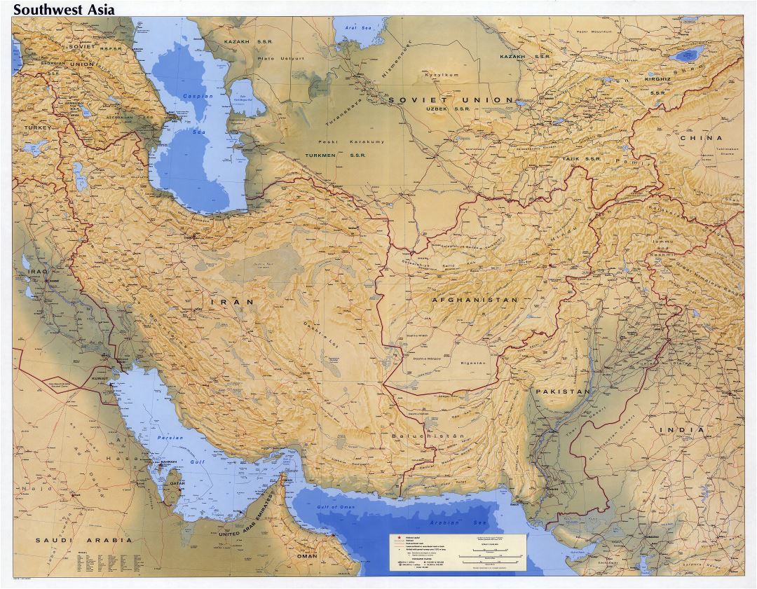 Large scale detailed map of Southwest Asia with relief, roads, railroads, cities and airports - 1980