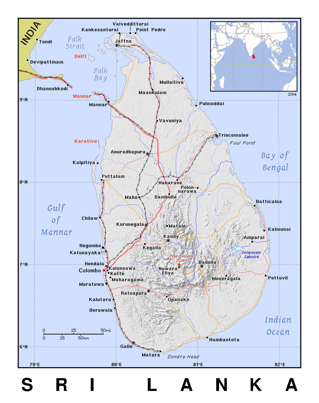 Detailed political map of Sri Lanka with relief