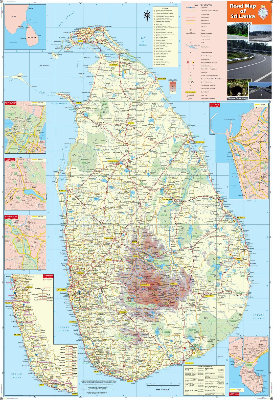Large detailed map of Sri Lanka with all cities, roads, railroads, airpors and other marks