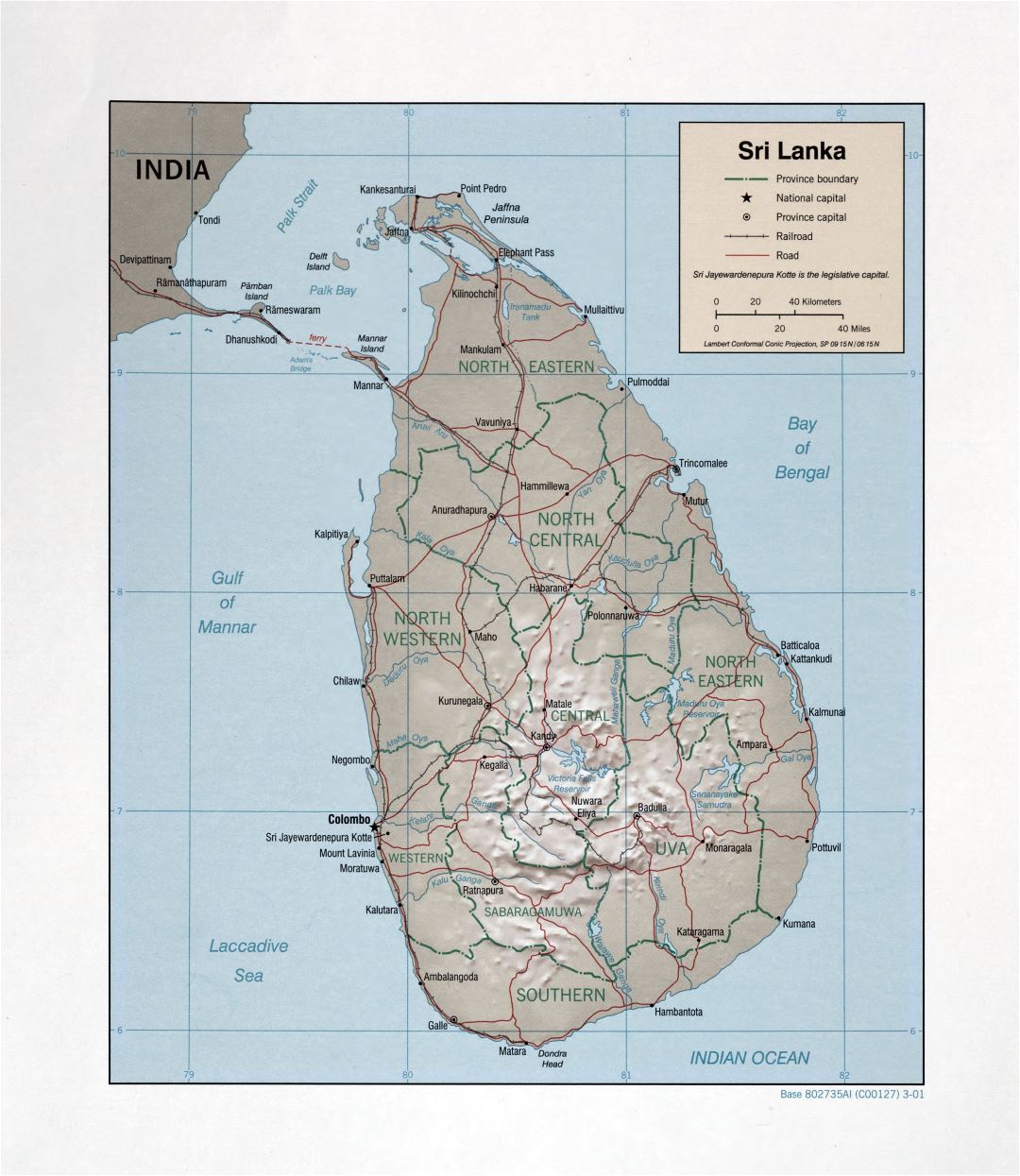 Large detailed political and administrative map of Sri Lanka with relief, roads, railroads and major cities - 2001
