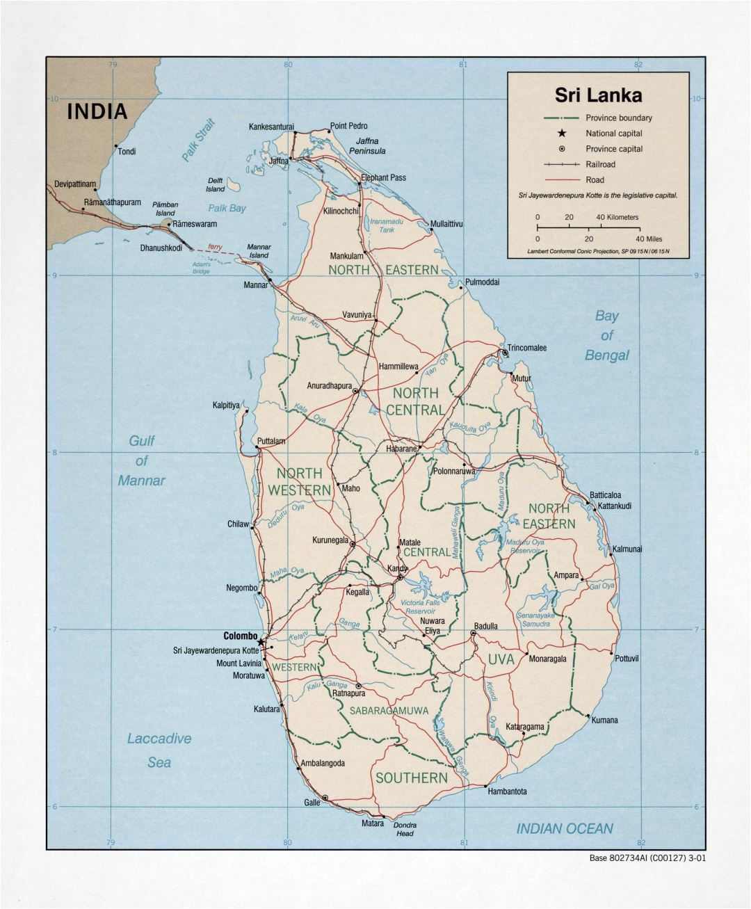 Large detailed political and administrative map of Sri Lanka with roads, railroads and major cities - 2001