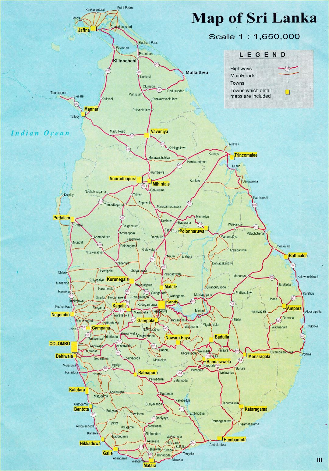 Large detailed road map of Sri Lanka with cities
