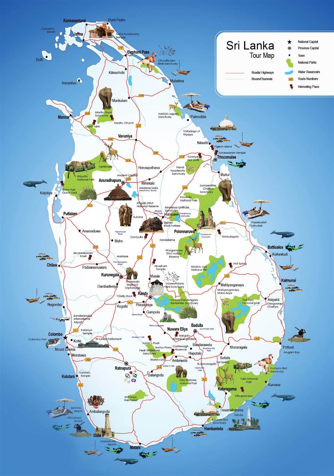Large detailed tourist map of Sri Lanka