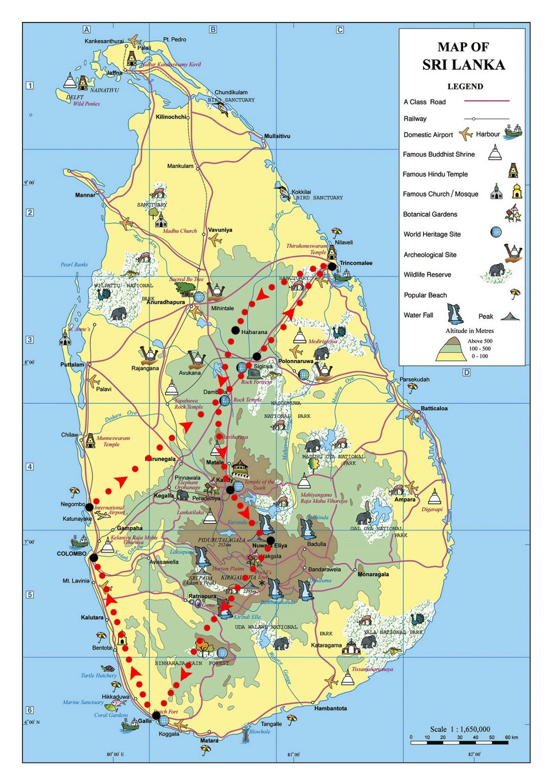 Large elevation and travel map of Sri Lanka