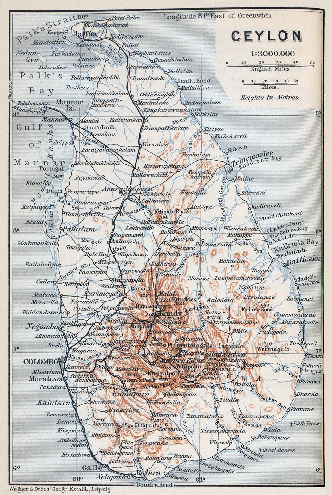 Large old map of Sri Lanka with roads, cities and relief - 1914