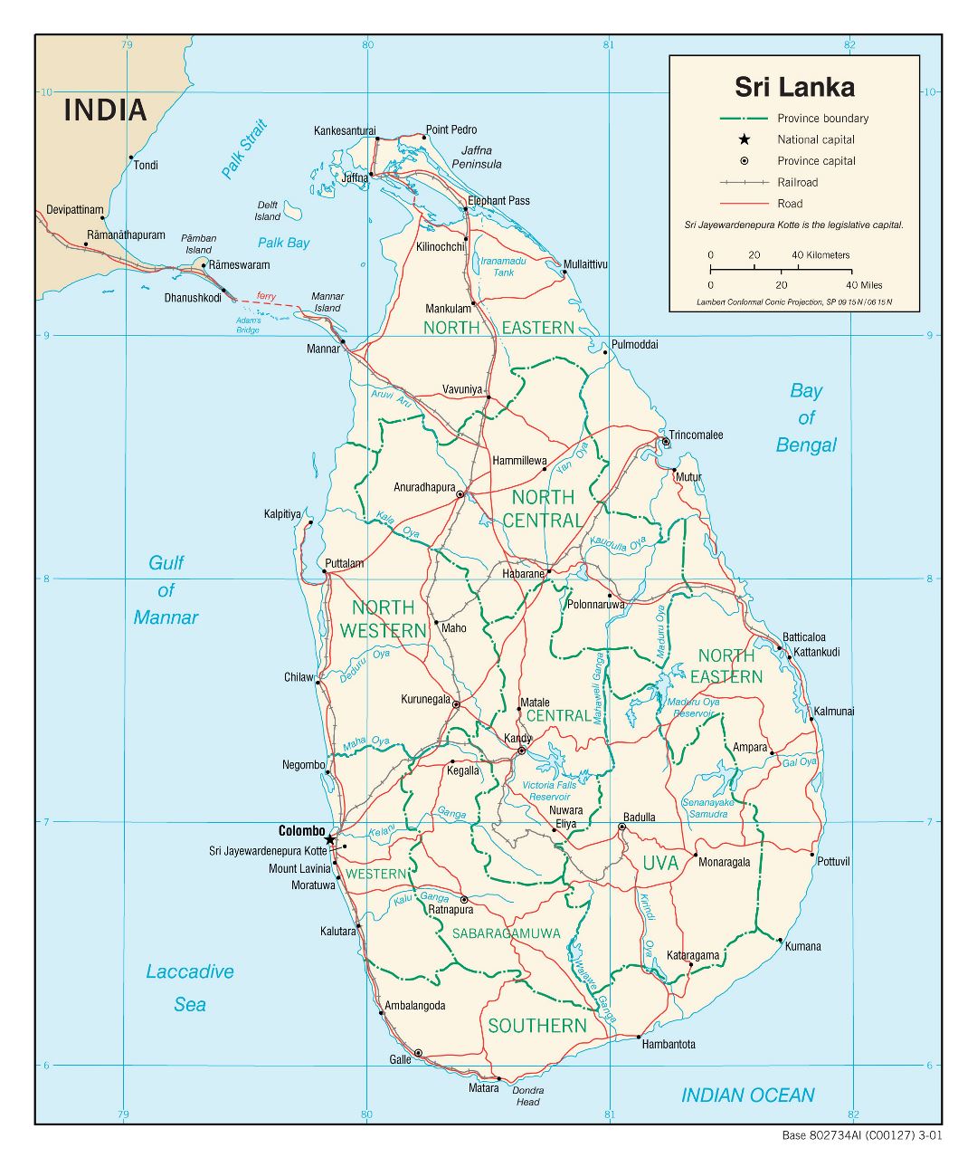 Large political and administrative map of Sri Lanka with roads, railroads and major cities - 2001