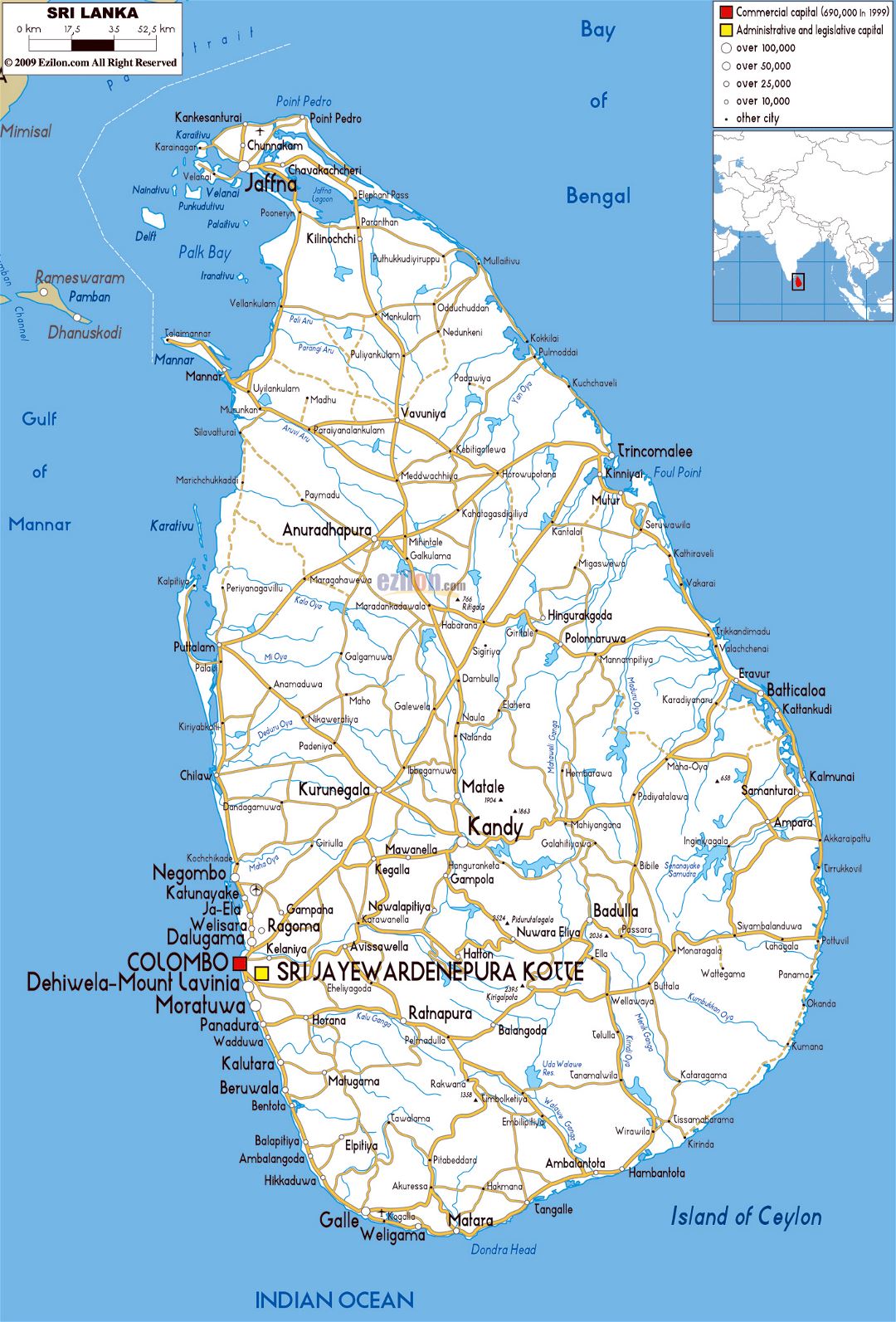 Large road map of Sri Lanka with cities and airports