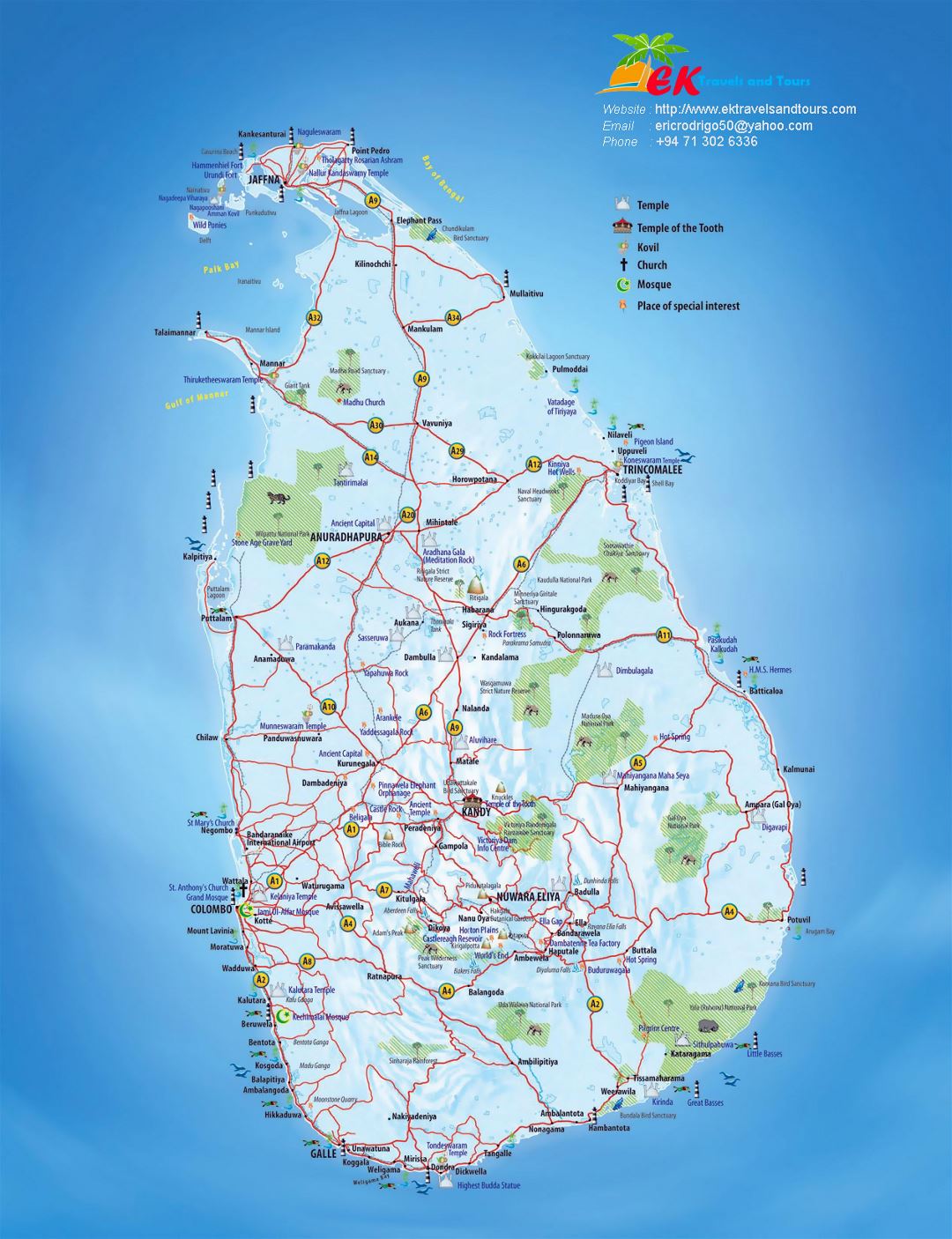 Large tourist map of Sri Lanka with other marks