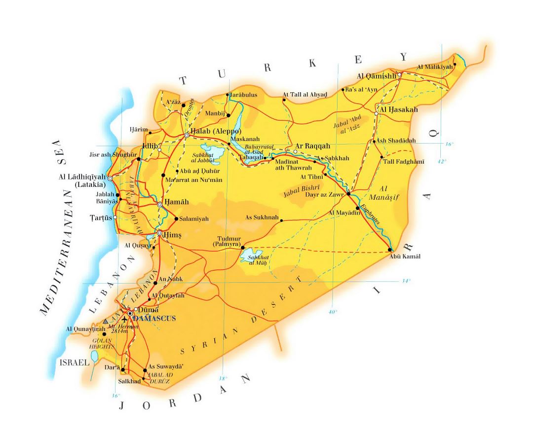 Detailed elevation map of Syria with roads, railroads, cities and airports