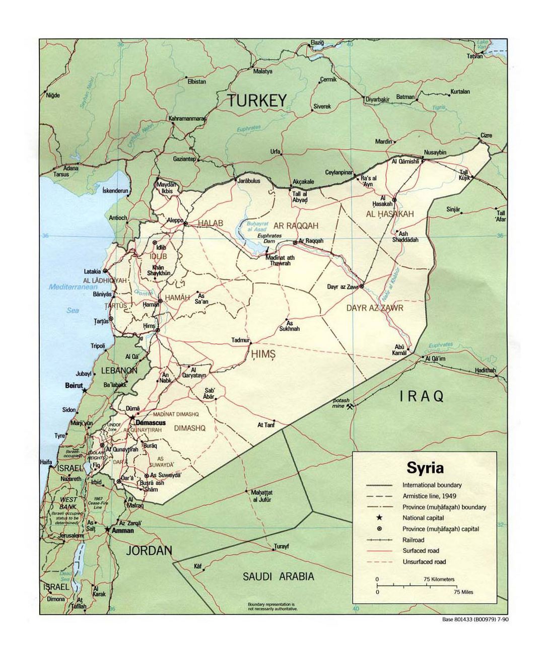 Detailed political and administrative map of Syria with roads, railroads and major cities - 1990