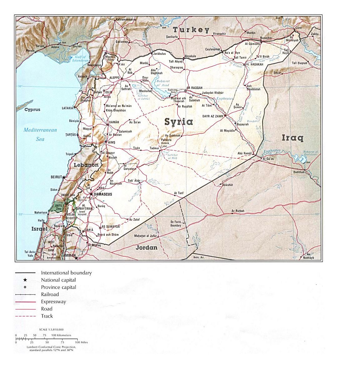 Detailed political map of Syria with relief, roads, railroads and major cities - 1993