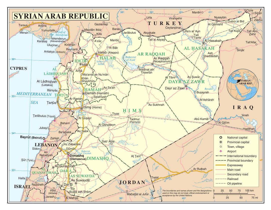 Large detailed political and administrative map of Syria with roads, railroads, cities and airports