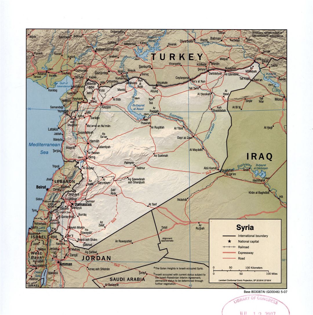 Large detailed political map of Syria with relief, roads, railroads and cities - 2007