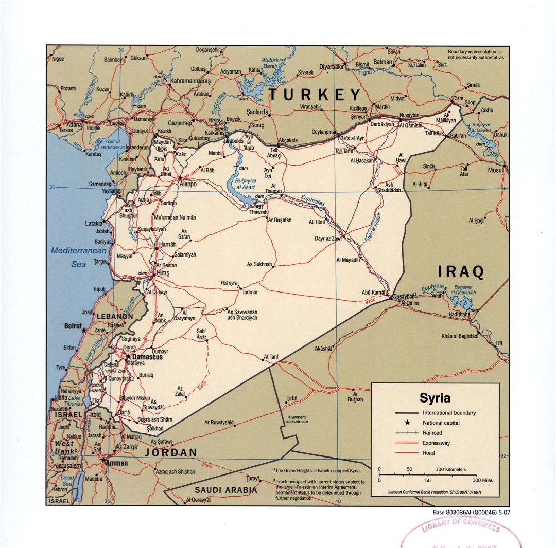 Large detailed political map of Syria with roads, railroads and cities - 2007