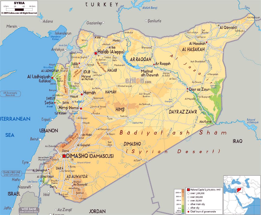 Large physical map of Syria with roads, cities and airports