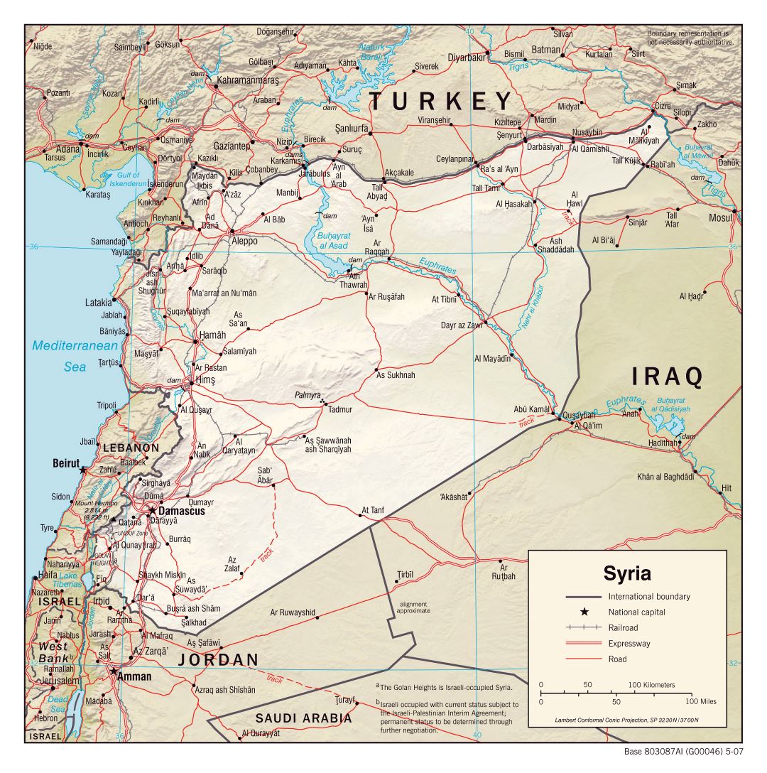 Large political map of Syria with relief, roads, railroads and cities - 2007