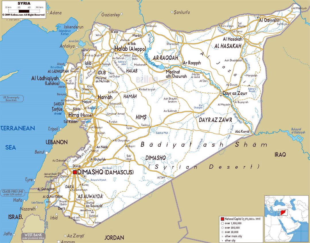Large road map of Syria with cities and airports