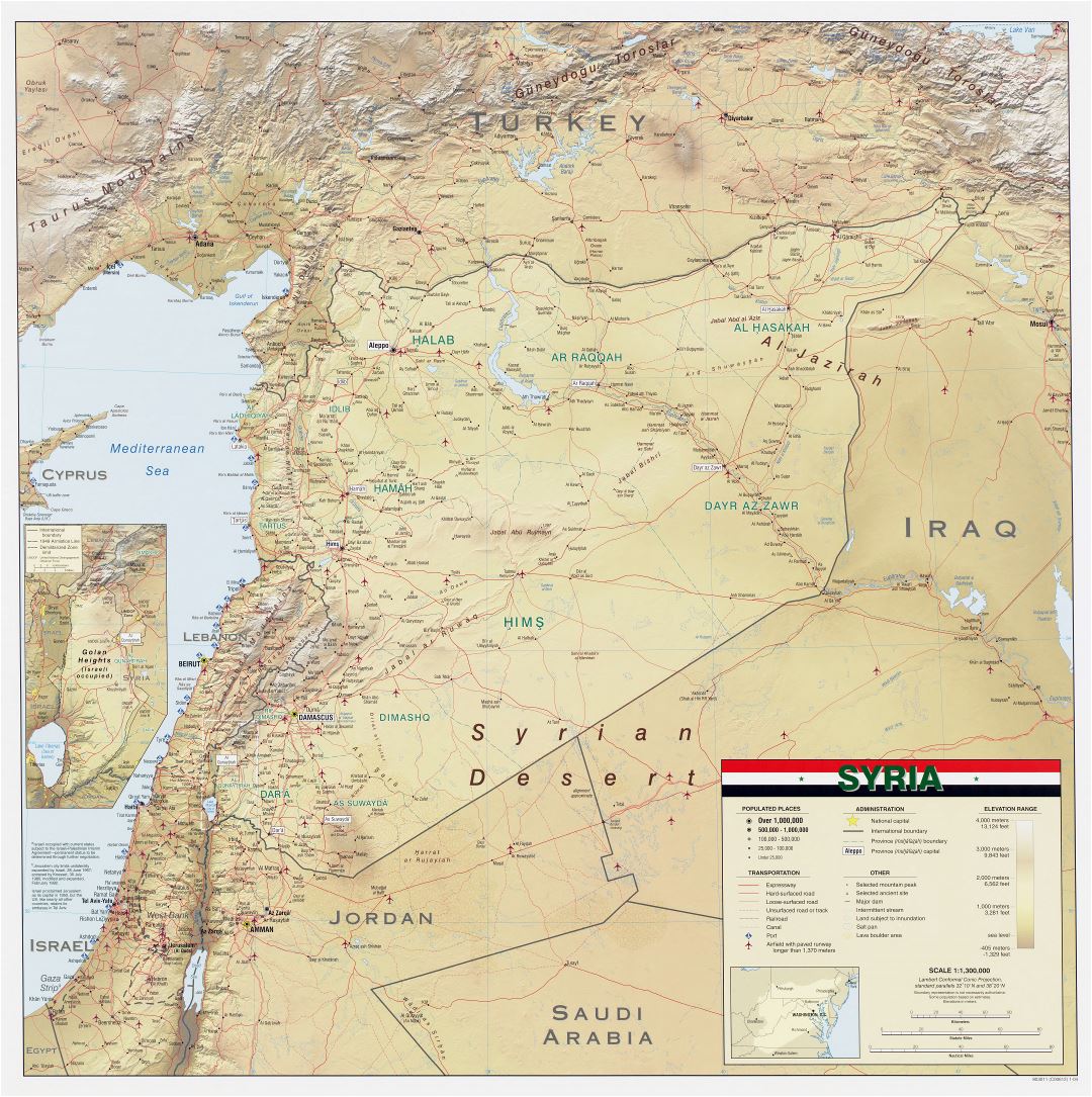 Large scale detailed wall map of Syria with relief, roads, railroads, ports, airports, cities and other marks - 2004