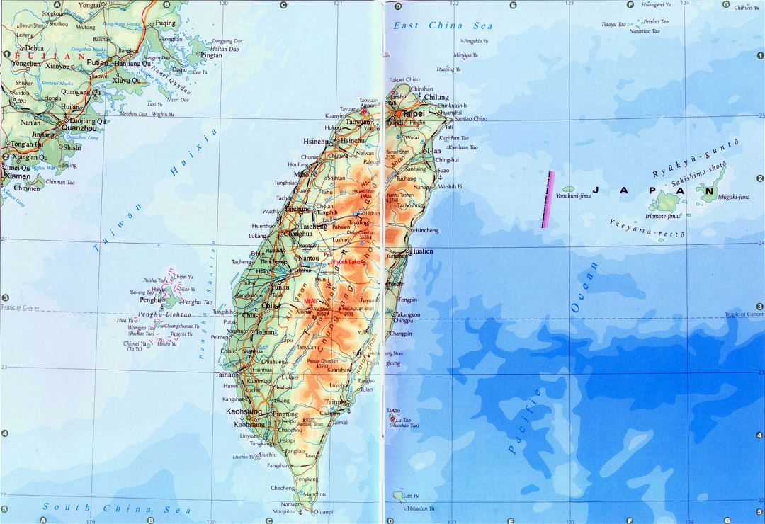 Detailed elevation map of Taiwan with roads, railroads and cities