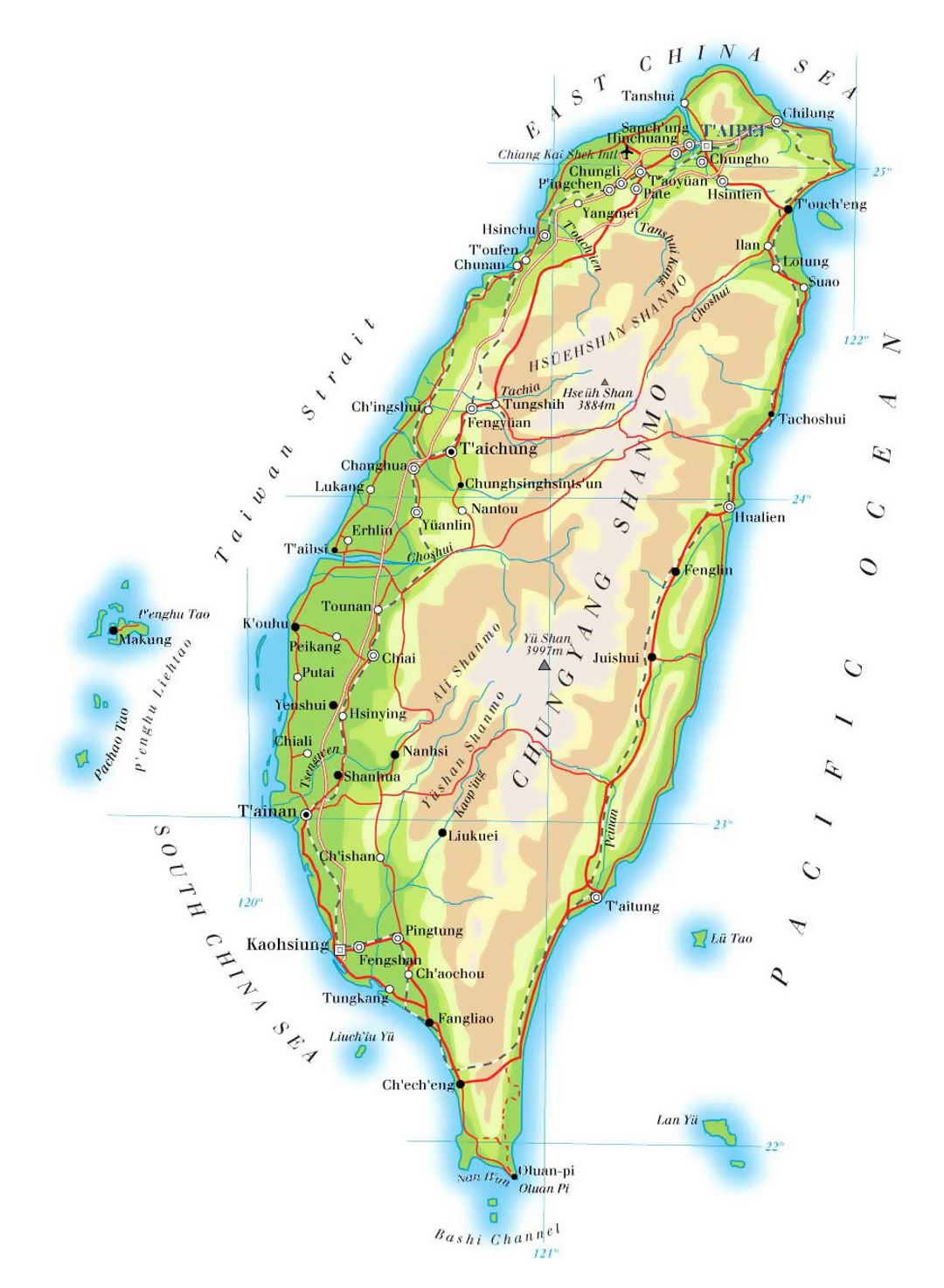 Detailed elevation map of Taiwan with roads, railroads, cities and airports