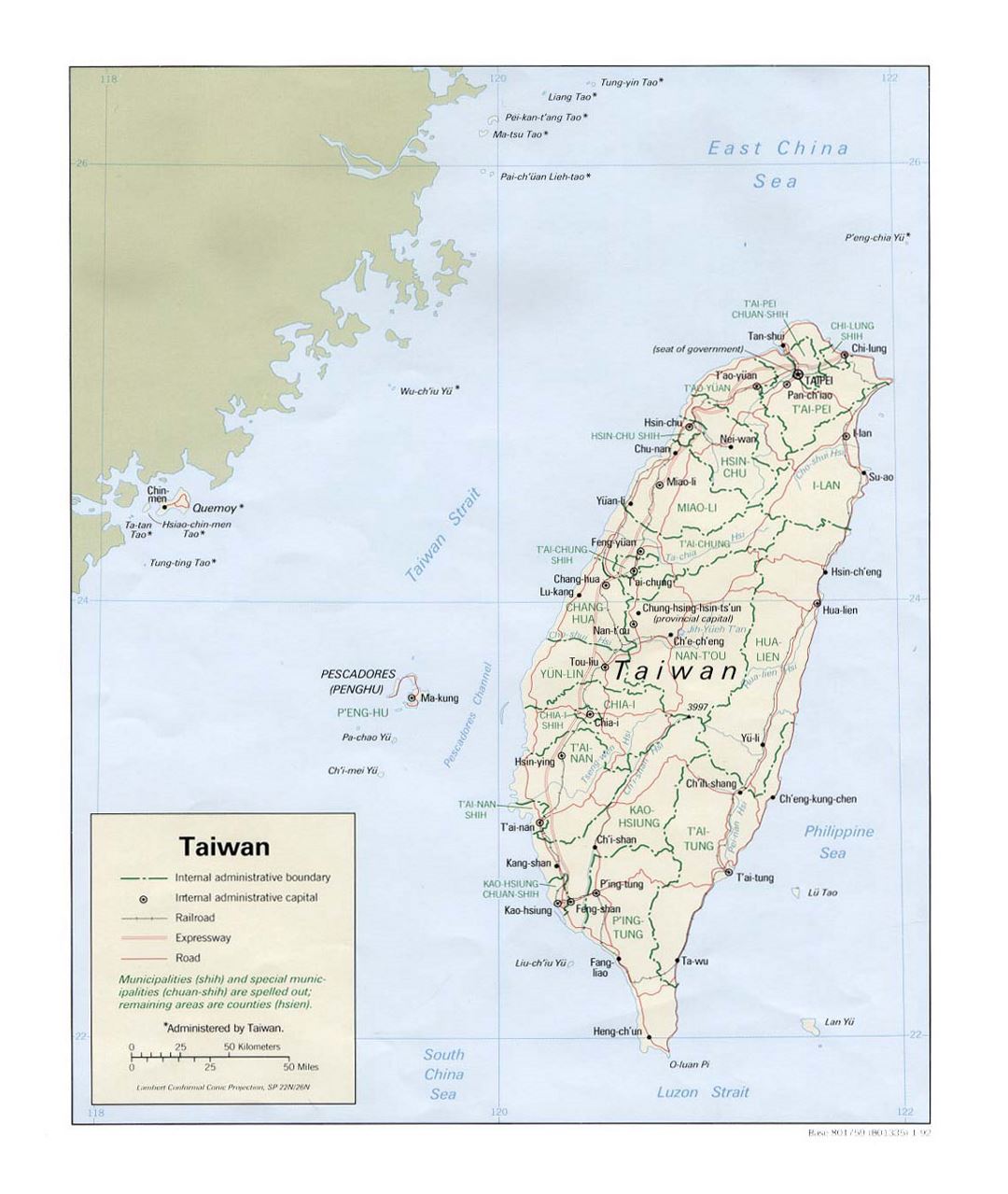 Detailed political and administrative map of Taiwan with roads, railroads and major cities - 1992