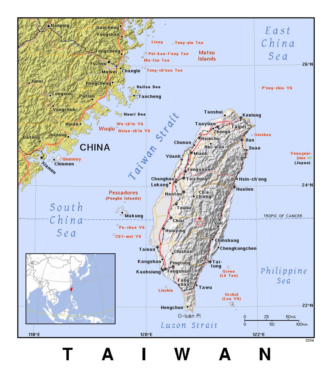 Detailed political map of Taiwan with relief