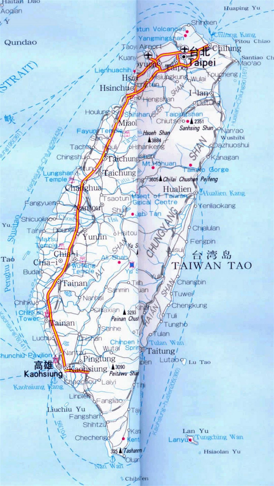 Detailed road map of Taiwan with cities and airports