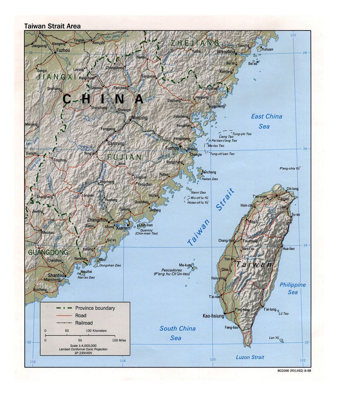 Detailed Taiwan Strait Area map with relief, roads, railroads and major cities - 1998