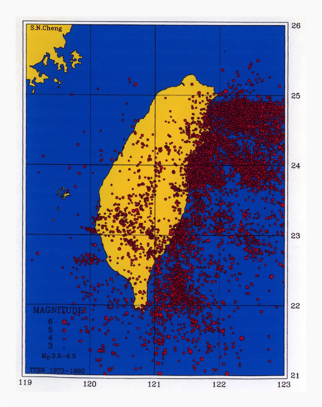 Large detailed map of earthquakes in Taiwan - 1992