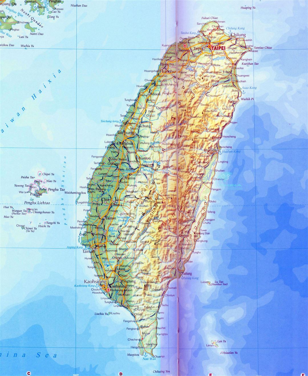 Large detailed road map of Taiwan with relief, all cities and other marks
