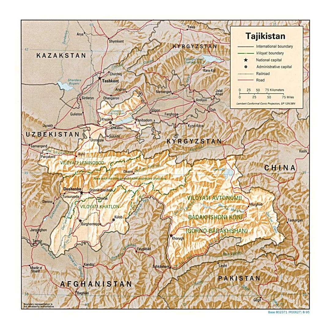 Detailed political and administrative map of Tajikistan with relief, roads, railroads and major cities - 1995