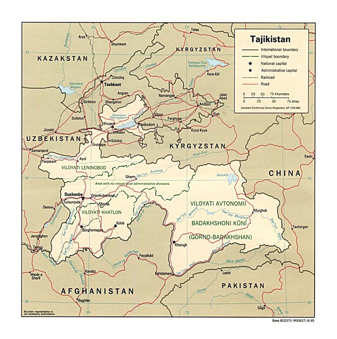 Detailed political and administrative map of Tajikistan with roads, railroads and major cities - 1995