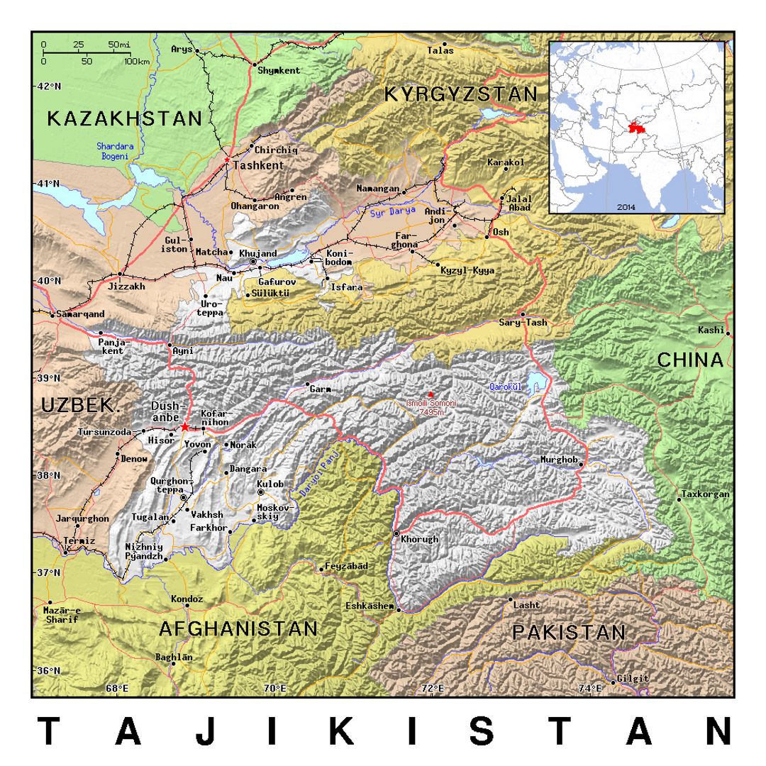 Detailed political map of Tajikistan with relief