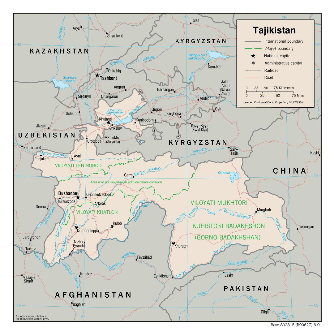Large political and administrative map of Tajikistan with roads, railroads and major cities - 2001