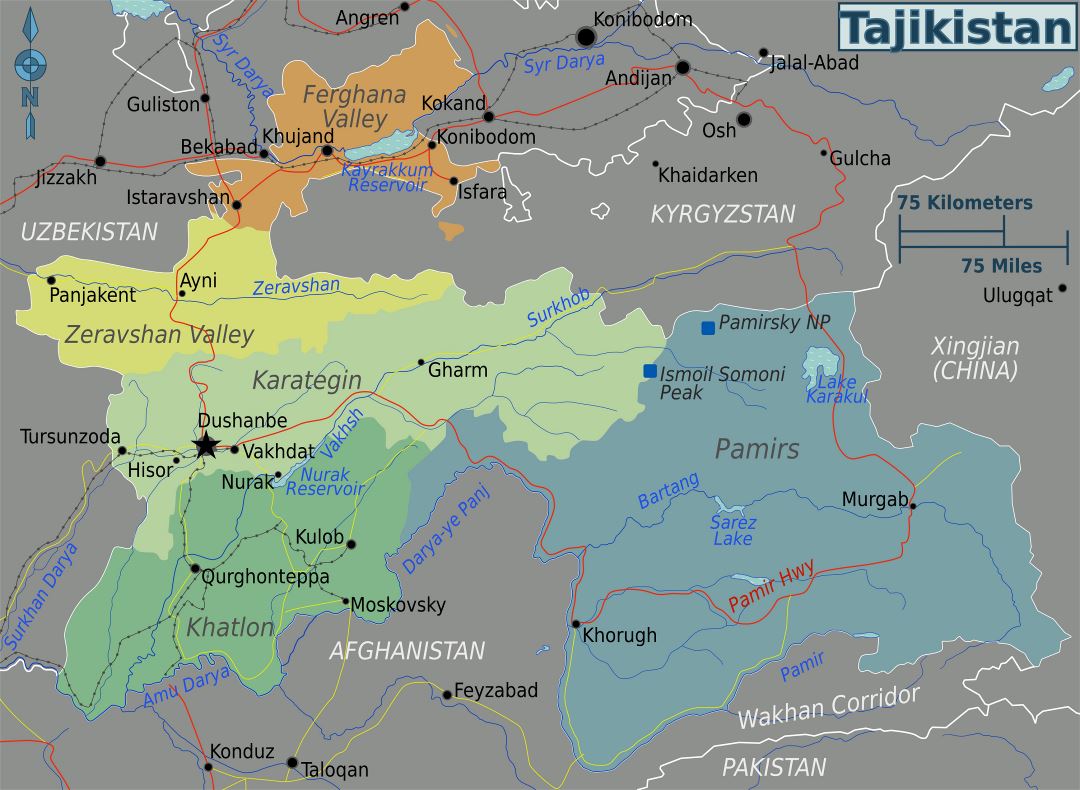 Large regions map of Tajikistan