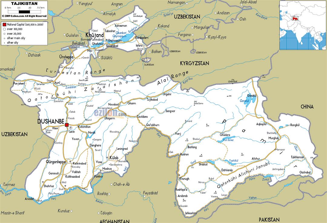 Large road map of Tajikistan with cities and airports