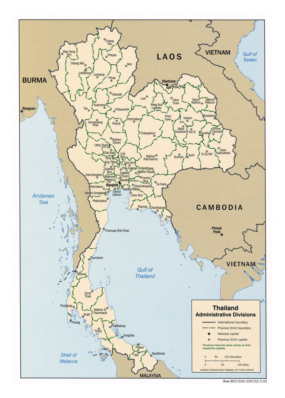 Detailed administrative divisions map of Thailand - 2005