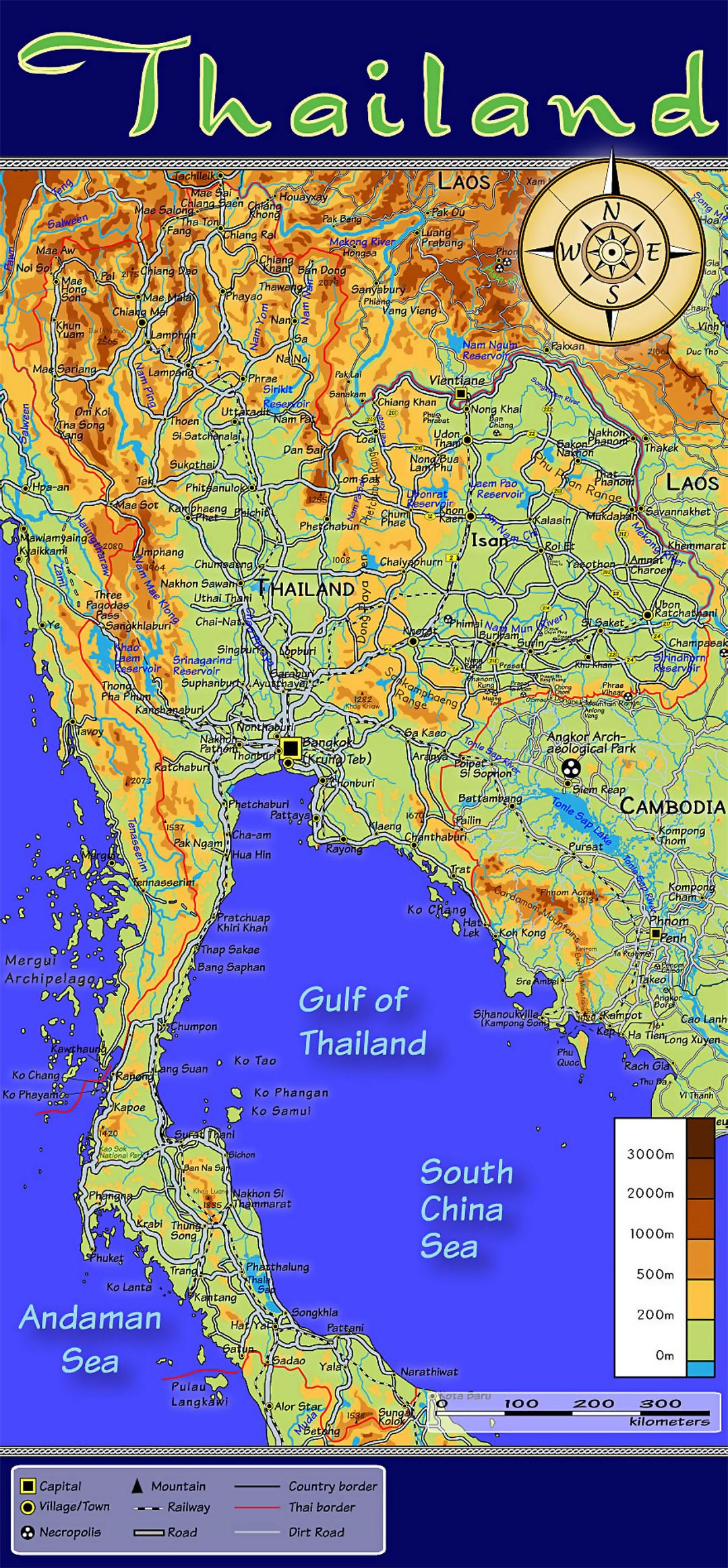 Detailed topographic map of Thailand with other marks