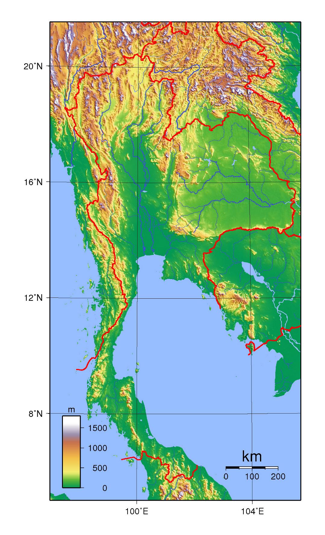 Detailed topographical map of Thailand