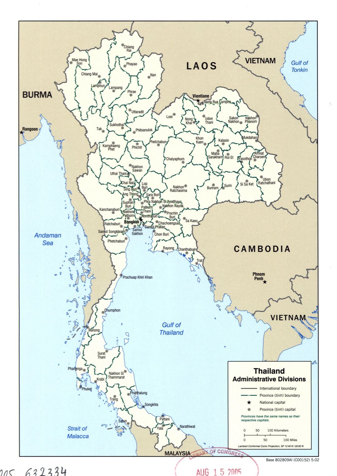 Large detailed administrative divisions map of Thailand - 2002